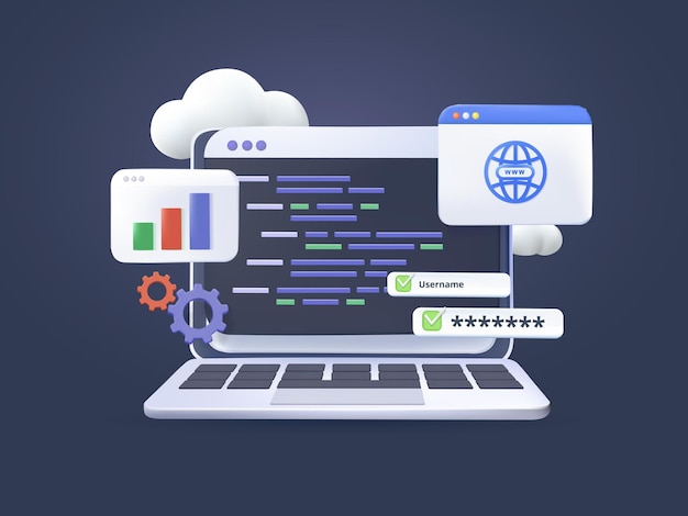 3D computer programming or developing CSS HTML PHP software game Vector render illustration coding