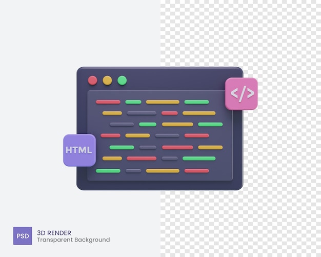 3D-Codierungssymbol oder Programmcode oder Syntaxcode mit HTML und CSS