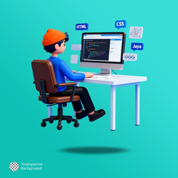 3D web developer coding HTML CSS Java on desktop PC programming development concept