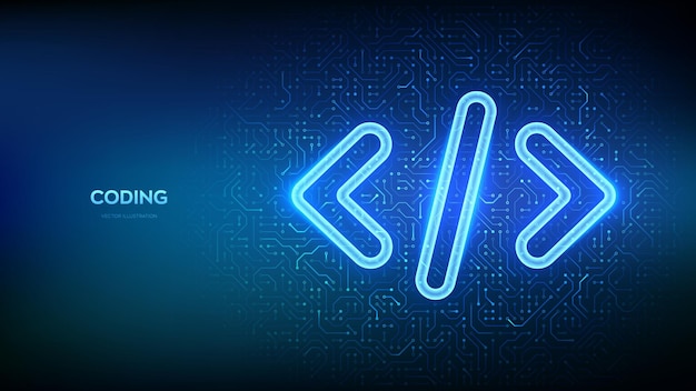 Programming code Source code Programming code icon on circuit board pattern background Coding hacker background Coding brackets symbolizing programming software engineering Vector illustration