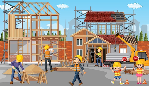 Sitio de construcción de edificios con trabajadores