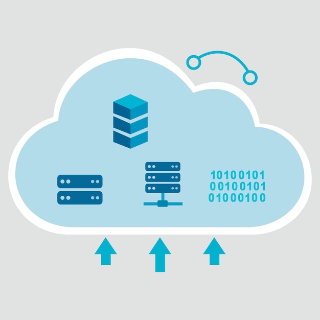 A cloud icon with various data server and binary code elements representing cloud computing and data storage