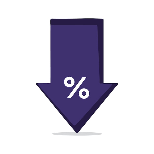 Downward arrow with percentage symbol in purple vector illustration for discount and decrease concepts
