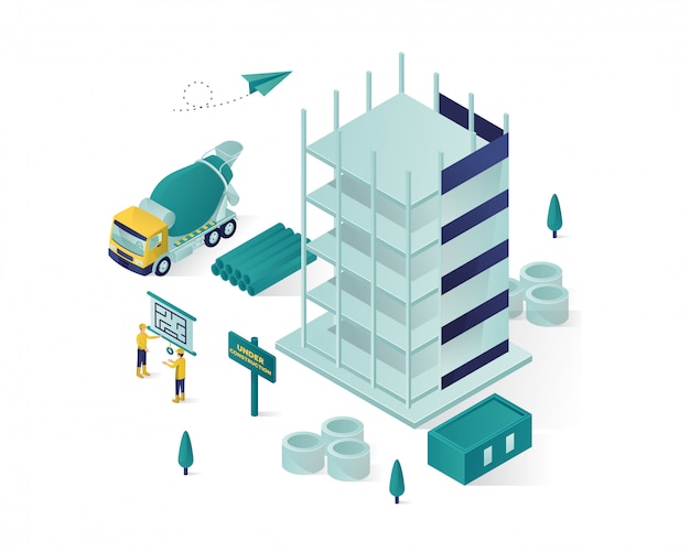Edificio isométrico en construcción