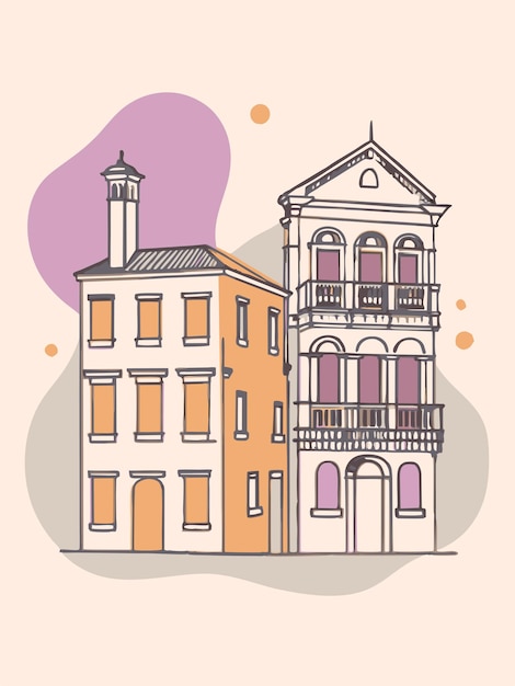 una ilustración de un edificio con un edificio y un edificio que tiene un reloj en él
