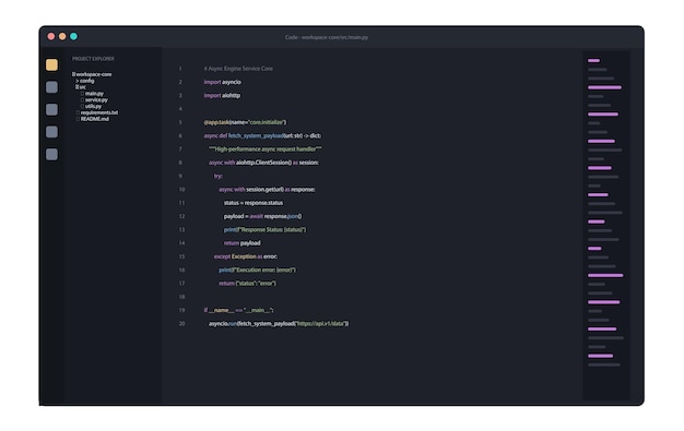 Interfaz de editor de código para scripts de servicios asíncronos en Python