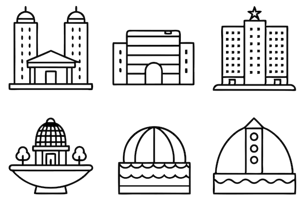 una línea de edificios y edificios con diferentes edificios