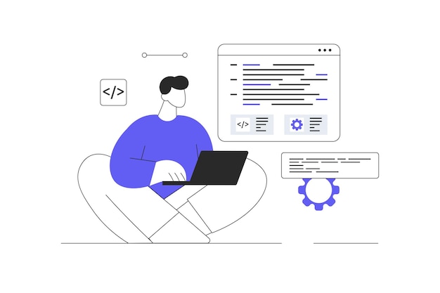 Programming software concept Man write test and optimize code work with different program language