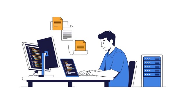 Software Developer Coding on Computer with Server